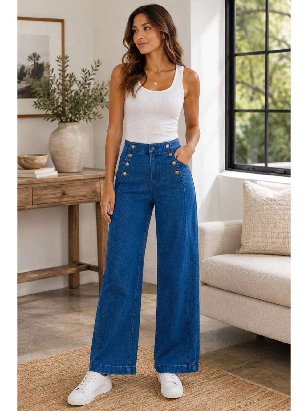 Old Navy High-Waist Wide-Leg Jeans with Gold Button Detail - Blue